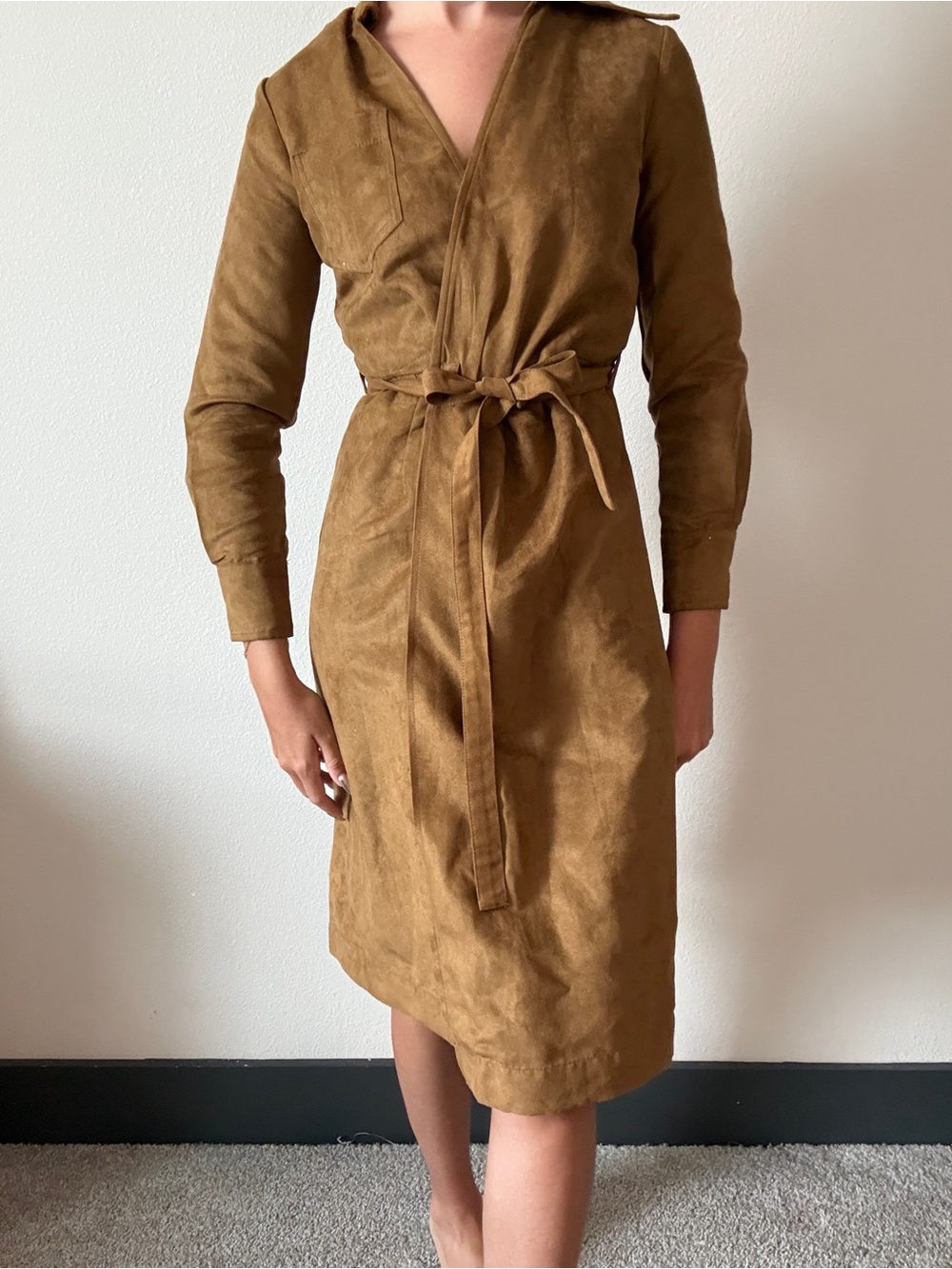 Banana Republic Tan Faux-Suede Tie-Waist Midi Dress